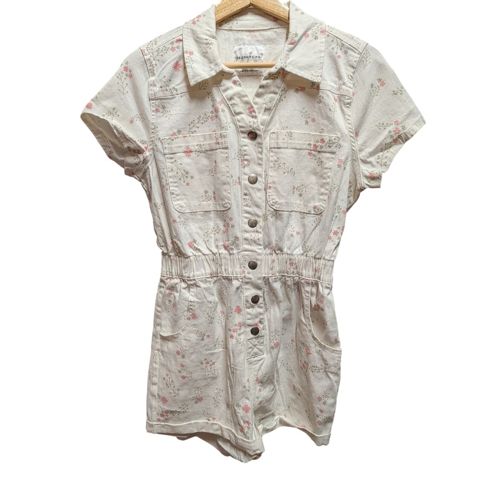 Celebrity Pink Romper Womens S White Pink Excellent Floral Snap Front Utility
